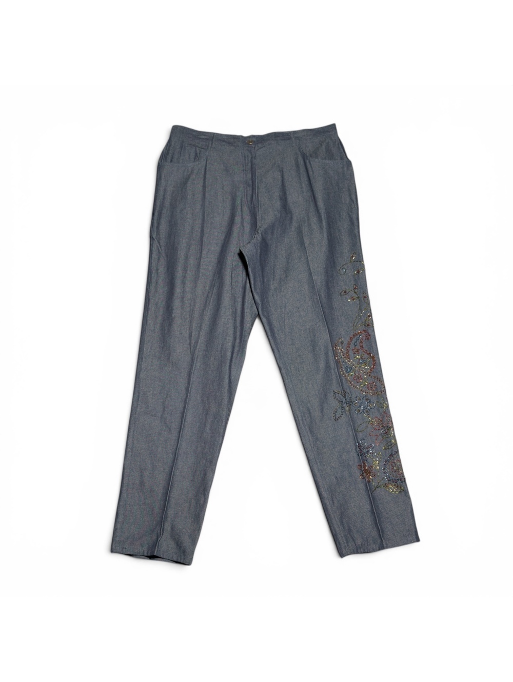 Vintage Deadstock Silkland Cotton Dark Denim Beaded Embroidered Pants Size 14